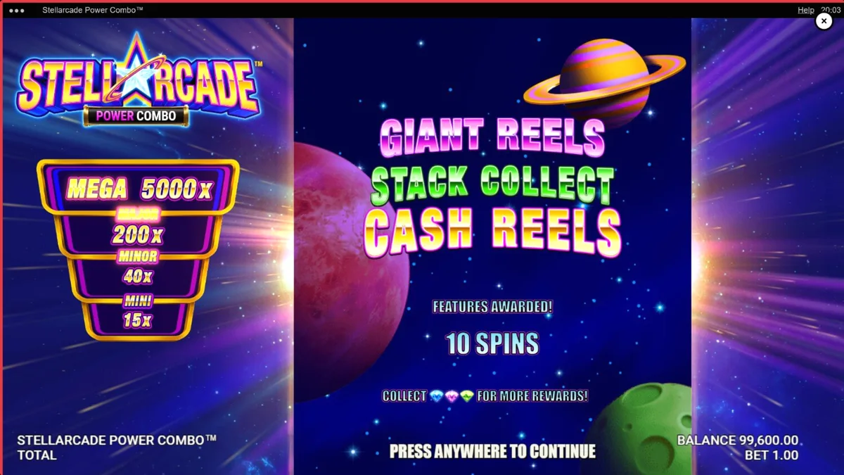 Interface vibrante e neon do slot Stellarcade Power Combo com temática espacial