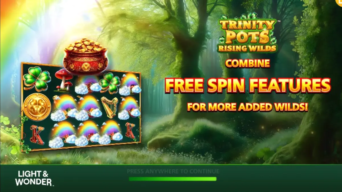 Interface vibrante do slot Trinity Pots Rising Wilds com elementos temáticos irlandeses